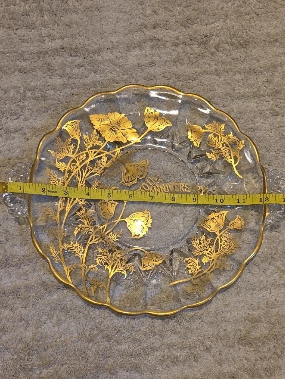 Glass Flanders Poppy 22k Gold Overlay Crystal Cake Plate 50th Anniversary